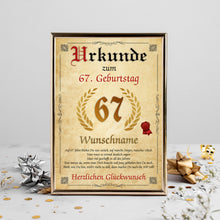 Laden Sie das Bild in den Galerie-Viewer, Urkunde zum 67. Geburtstag personalisiertes Geschenk Jahrgang 1959 Geburtstagsurkunde 67 Jahre Geburtstagsgeschenk