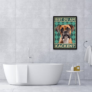 Boxer - Bist du am Kacken? Hunde Poster Badezimmer Gästebad Wandbild Klo Toilette Dekoration Lustiges Gäste-WC Bild DIN A4