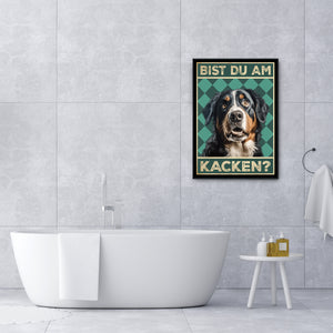 Berner Sennenhund - Bist du am Kacken? Hunde Poster Badezimmer Gästebad Wandbild Klo Toilette Dekoration Lustiges Gäste-WC Bild DIN A4