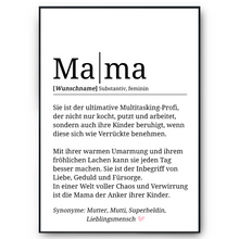 Laden Sie das Bild in den Galerie-Viewer, Mama Definition Kunstdruck Poster Personalisierbar Muttertag Geschenk Dankeschön Beste Mutter Poster Wandbild Mama Geburtstag Weihnachten