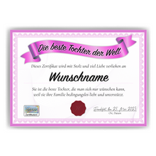 Laden Sie das Bild in den Galerie-Viewer, Beste Tochter Geschenk personalisiert Geburtstag Poster Zertifikat Urkunde Tochter personalisierte Geschenkidee