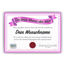 Laden Sie das Bild in den Galerie-Viewer, Beste Mama Geschenk personalisiert Geburtstag Poster Zertifikat Urkunde Mutter personalisierte Geschenkidee Muttertag
