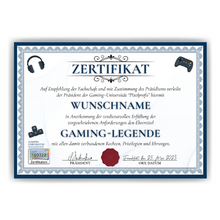 Laden Sie das Bild in den Galerie-Viewer, Lustiges Gamer Geschenk personalisiert Geburtstag Zocker Poster Zertifikat Gaming Geschenkidee für Zocker
