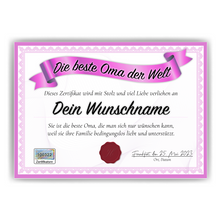 Laden Sie das Bild in den Galerie-Viewer, Beste Oma Geschenk personalisiert Geburtstag Poster Zertifikat Urkunde Großmutter personalisierte Geschenkidee Muttertag