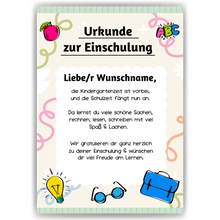 Laden Sie das Bild in den Galerie-Viewer, Personalisierte Urkunde zur Einschulung Schulkind Geschenkidee Schulanfang