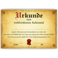 Laden Sie das Bild in den Galerie-Viewer, Ruhestand Urkunde Personalisiertes Geschenk zur Rente Abschiedsgeschenk Rentner