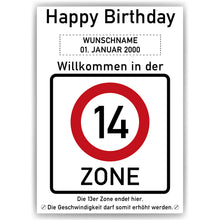 Laden Sie das Bild in den Galerie-Viewer, 14. Geburtstag Geschenk personalisiert Verkehrszeichen Deko Geburtstagsgeschenk Happy Birthday Geburtstagskarte
