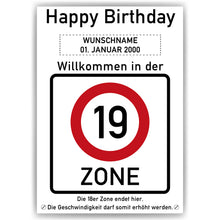 Laden Sie das Bild in den Galerie-Viewer, 19. Geburtstag Geschenk personalisiert Verkehrszeichen Deko Geburtstagsgeschenk Happy Birthday Geburtstagskarte
