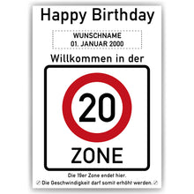 Laden Sie das Bild in den Galerie-Viewer, 20. Geburtstag Geschenk personalisiert Verkehrszeichen Deko Geburtstagsgeschenk Happy Birthday Geburtstagskarte