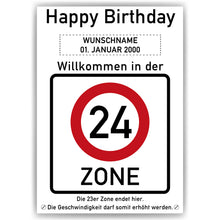 Laden Sie das Bild in den Galerie-Viewer, 24. Geburtstag Geschenk personalisiert Verkehrszeichen Deko Geburtstagsgeschenk Happy Birthday Geburtstagskarte