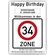 Laden Sie das Bild in den Galerie-Viewer, 34. Geburtstag Geschenk personalisiert Verkehrszeichen Deko Geburtstagsgeschenk Happy Birthday Geburtstagskarte