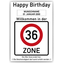 Laden Sie das Bild in den Galerie-Viewer, 36. Geburtstag Geschenk personalisiert Verkehrszeichen Deko Geburtstagsgeschenk Happy Birthday Geburtstagskarte