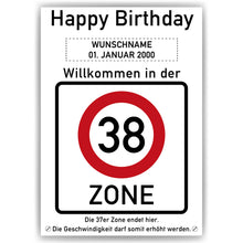 Laden Sie das Bild in den Galerie-Viewer, 38. Geburtstag Geschenk personalisiert Verkehrszeichen Deko Geburtstagsgeschenk Happy Birthday Geburtstagskarte