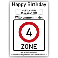 Laden Sie das Bild in den Galerie-Viewer, 4. Geburtstag Geschenk personalisiert Verkehrszeichen Deko Geburtstagsgeschenk Happy Birthday Geburtstagskarte