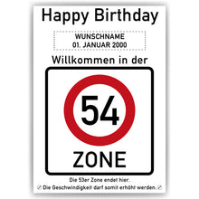 Laden Sie das Bild in den Galerie-Viewer, 54. Geburtstag Geschenk personalisiert Verkehrszeichen Deko Geburtstagsgeschenk Happy Birthday Geburtstagskarte
