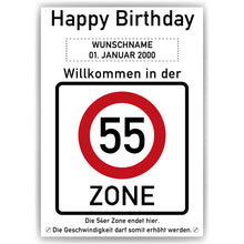 Laden Sie das Bild in den Galerie-Viewer, 55. Geburtstag Geschenk personalisiert Verkehrszeichen Deko Geburtstagsgeschenk Happy Birthday Geburtstagskarte