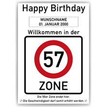 Laden Sie das Bild in den Galerie-Viewer, 57. Geburtstag Geschenk personalisiert Verkehrszeichen Deko Geburtstagsgeschenk Happy Birthday Geburtstagskarte