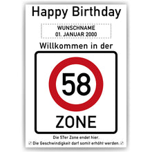 Laden Sie das Bild in den Galerie-Viewer, 58. Geburtstag Geschenk personalisiert Verkehrszeichen Deko Geburtstagsgeschenk Happy Birthday Geburtstagskarte