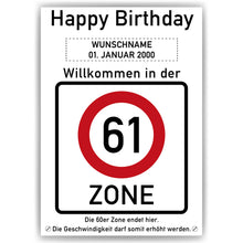 Laden Sie das Bild in den Galerie-Viewer, 61. Geburtstag Geschenk personalisiert Verkehrszeichen Deko Geburtstagsgeschenk Happy Birthday Geburtstagskarte