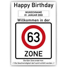 Laden Sie das Bild in den Galerie-Viewer, 63. Geburtstag Geschenk personalisiert Verkehrszeichen Deko Geburtstagsgeschenk Happy Birthday Geburtstagskarte