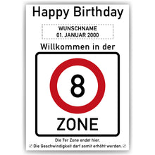 Laden Sie das Bild in den Galerie-Viewer, 8. Geburtstag Geschenk personalisiert Verkehrszeichen Deko Geburtstagsgeschenk Happy Birthday Geburtstagskarte