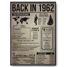 Laden Sie das Bild in den Galerie-Viewer, 64. Geburtstag Geschenkidee personalisierbar | Poster Jahrgang 1962 Geschenk | Back in 1962 Rückblick
