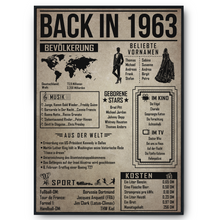 Laden Sie das Bild in den Galerie-Viewer, 63. Geburtstag Geschenkidee personalisierbar | Poster Jahrgang 1963 Geschenk | Back in 1963 Rückblick