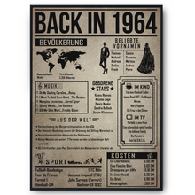 Laden Sie das Bild in den Galerie-Viewer, 62. Geburtstag Geschenkidee personalisierbar | Poster Jahrgang 1964 Geschenk | Back in 1964 Rückblick