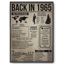 Laden Sie das Bild in den Galerie-Viewer, 61. Geburtstag Geschenkidee personalisierbar | Poster Jahrgang 1965 Geschenk | Back in 1965 Rückblick