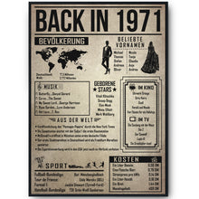 Laden Sie das Bild in den Galerie-Viewer, 54. Geburtstag Geschenkidee personalisierbar | Poster Jahrgang 1971 Geschenk | Back in 1971 Rückblick