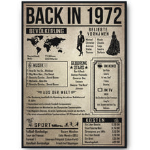 Laden Sie das Bild in den Galerie-Viewer, 54. Geburtstag Geschenkidee personalisierbar | Poster Jahrgang 1972 Geschenk | Back in 1972 Rückblick