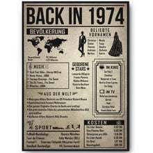 Laden Sie das Bild in den Galerie-Viewer, 52. Geburtstag Geschenkidee personalisierbar | Poster Jahrgang 1974 Geschenk | Back in 1974 Rückblick