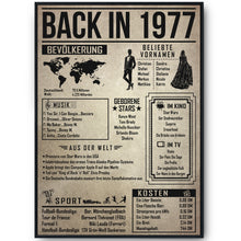 Laden Sie das Bild in den Galerie-Viewer, 49. Geburtstag Geschenkidee personalisierbar | Poster Jahrgang 1977 Geschenk | Back in 1977 Rückblick
