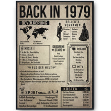 Laden Sie das Bild in den Galerie-Viewer, 47. Geburtstag Geschenkidee personalisierbar | Poster Jahrgang 1979 Geschenk | Back in 1979 Rückblick