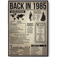Laden Sie das Bild in den Galerie-Viewer, 41. Geburtstag Geschenkidee personalisierbar | Poster Jahrgang 1985 Geschenk | Back in 1985 Rückblick