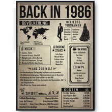 Laden Sie das Bild in den Galerie-Viewer, 40. Geburtstag Geschenkidee personalisierbar | Poster Jahrgang 1986 Geschenk | Back in 1986 Rückblick
