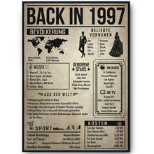 Laden Sie das Bild in den Galerie-Viewer, 29. Geburtstag Geschenkidee personalisierbar | Poster Jahrgang 1997 Geschenk | Back in 1997 Rückblick