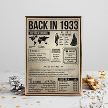 Laden Sie das Bild in den Galerie-Viewer, 93. Geburtstag Geschenkidee personalisierbar | Poster Jahrgang 1933 Geschenk | Back in 1933 Rückblick