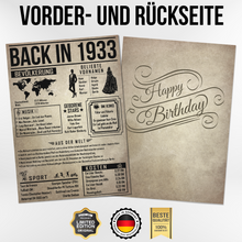 Laden Sie das Bild in den Galerie-Viewer, 93. Geburtstag Geschenkidee personalisierbar | Poster Jahrgang 1933 Geschenk | Back in 1933 Rückblick