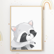 Laden Sie das Bild in den Galerie-Viewer, Waldtiere 4er Set Bilder Waschbär Reh Eichhörnchen Hase Kinderzimmer Deko DIN A4 Poster Babyzimmer Wandbilder