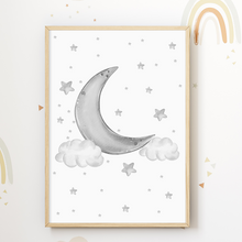 Laden Sie das Bild in den Galerie-Viewer, Mond Sterne 2er Set Bilder Kinderzimmer Deko DIN A4 Poster Babyzimmer Wandbilder