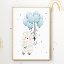 Laden Sie das Bild in den Galerie-Viewer, Luftballon Tiere 3er Set Bilder Schaf Hase Fuchs Kinderzimmer Deko DIN A4 Poster Babyzimmer Wandbilder