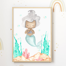 Laden Sie das Bild in den Galerie-Viewer, Meerjungfrau Seepferdchen Koralle 4er Set Bilder Kinderzimmer Deko DIN A4 Poster Babyzimmer Wandbilder