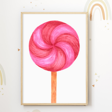 Laden Sie das Bild in den Galerie-Viewer, Candy Zuckerwatte Donut Lollipop 3er Set Bilder Süßigkeiten Kinderzimmer Deko DIN A4 Poster Wandbilder