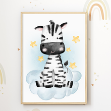 Laden Sie das Bild in den Galerie-Viewer, Safari Tiere 4er Set Bilder Elefant Giraffe Löwe Zebra Kinderzimmer Deko DIN A4 Poster Babyzimmer Wandbilder