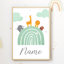 Laden Sie das Bild in den Galerie-Viewer, Kinderposter personalisiert mit Namen | Kinderzimmer Regenbogen Safari Tiere