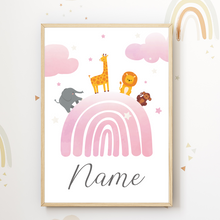 Laden Sie das Bild in den Galerie-Viewer, Kinderposter personalisiert mit Namen | Kinderzimmer Regenbogen Safari Tiere