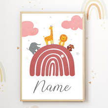Laden Sie das Bild in den Galerie-Viewer, Kinderposter personalisiert mit Namen | Kinderzimmer Regenbogen Safari Tiere