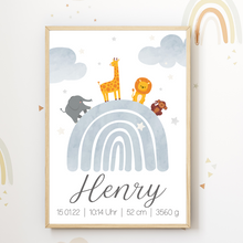 Laden Sie das Bild in den Galerie-Viewer, Regenbogen Safari Tiere Geburtsposter personalisiert | Babyposter Kinderposter Kinderzimmer Geschenk zur Geburt