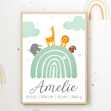 Laden Sie das Bild in den Galerie-Viewer, Regenbogen Safari Tiere Geburtsposter personalisiert | Babyposter Kinderposter Kinderzimmer Geschenk zur Geburt
